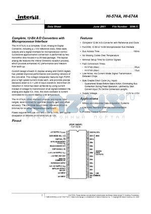 HI1-574ASD/883 datasheet - Complete, 12-Bit A/D Converters with Microprocessor Interface