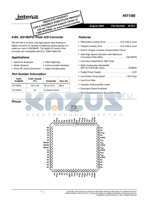 HI1166-EV datasheet - 8-Bit, 250 MSPS, Flash A/D Converter