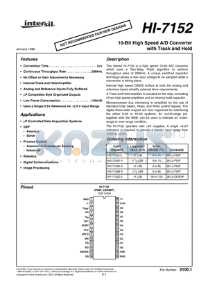 HI1-7152S-2 datasheet - 10-Bit High Speed A/D Converter with Track and Hold