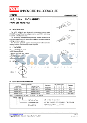 18N50G-TF1-T datasheet - 18A, 500V N-CHANNEL POWER MOSFET