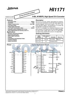 HI1171-EV datasheet - 8-Bit, 40 MSPS, High Speed D/A Converter