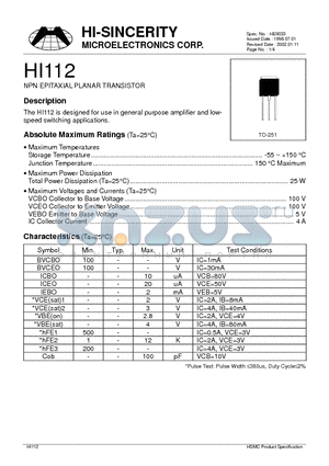 HI112 datasheet - NPN EPITAXIAL PLANAR TRANSISTOR