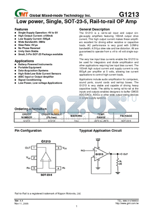 G1213F datasheet - Low power, Single, SOT-23-5, Rail-to-rail OP Amp