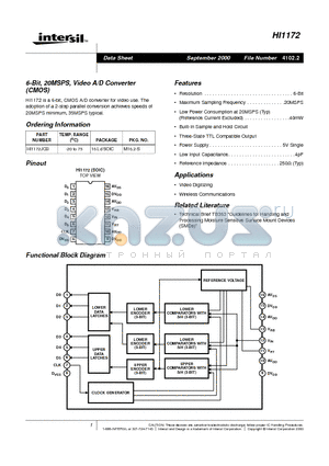 HI1172 datasheet - 6-Bit, 20MSPS, Video A/D Converter (CMOS)