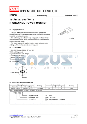 18N50G-TF1-T datasheet - 18 Amps, 500 Volts N-CHANNEL POWER MOSFET