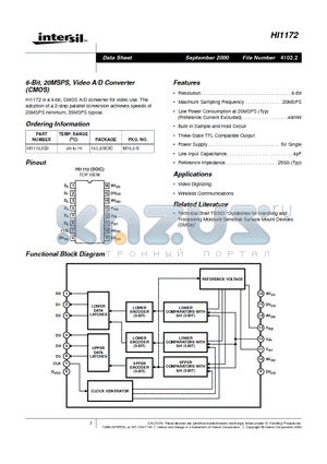 HI1172JCB datasheet - 6-Bit, 20MSPS, Video A/D Converter (CMOS)