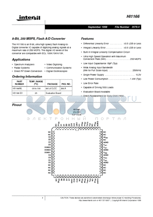 HI1166 datasheet - 8-Bit, 250 MSPS, Flash A/D Converter