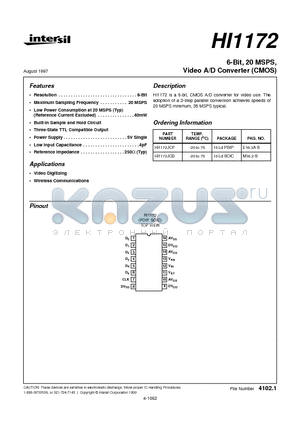 HI1172JCP datasheet - 6-Bit, 20 MSPS,Video A/D Converter (CMOS)