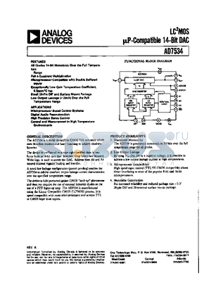 AD7534JP datasheet - LC2MOS uP-COMPATIBLE 14-BIT DAC