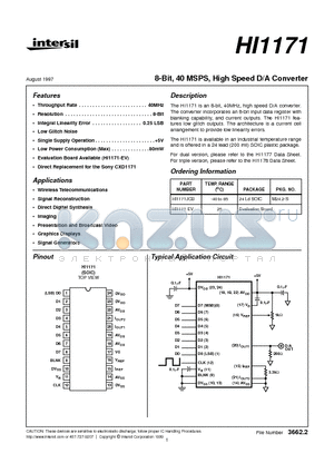 HI1171 datasheet - 8-Bit, 40 MSPS, High Speed D/A Converter
