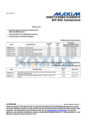 DS9072-40V datasheet - SIP Stik Connectors