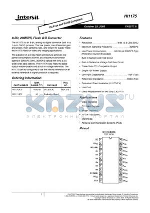 HI1175-EV datasheet - 8-Bit, 20 MSPS, Flash A/D Converter