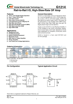 G1214T12U datasheet - Rail-to-Rail I/O, High-Slew-Rate OP Amp