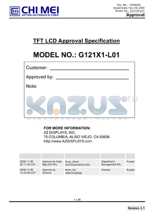 G121X1-L01 datasheet - TFT LCD Approval Specification