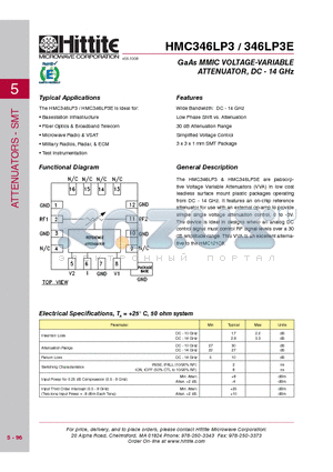 346LP3E datasheet - GaAs MMIC VOLTAGE-VARIABLE ATTENUATOR, DC - 14 GHz