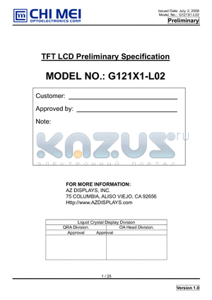 G121X1-L02 datasheet - TFT LCD Preliminary Specification