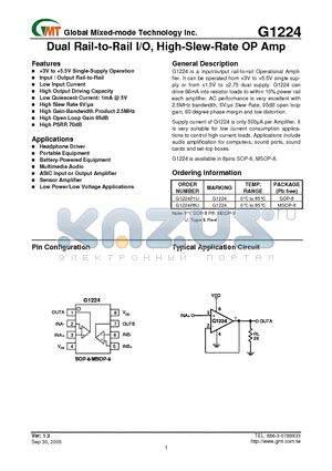 G1224 datasheet - Dual Rail-to-Rail I/O, High-Slew-Rate OP Amp