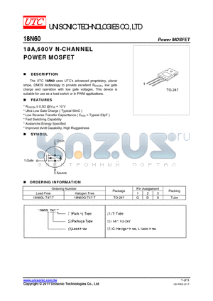 18N60 datasheet - 18A,600V N-CHANNEL POWER MOSFET