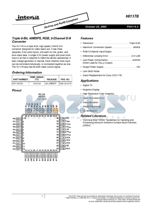 HI1178 datasheet - Triple 8-Bit, 40MSPS, RGB, 3-Channel D/A Converter