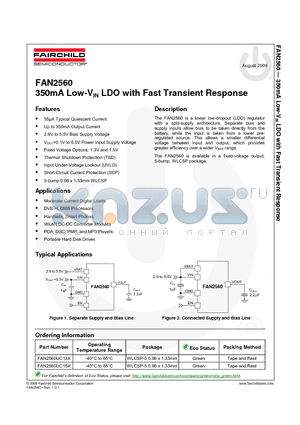 FAN2560UC13X datasheet - 350mA Low-VIN LDO with Fast Transient Response