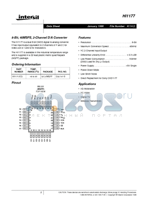 HI1177 datasheet - 8-Bit, 40MSPS, 2-Channel D/A Converter