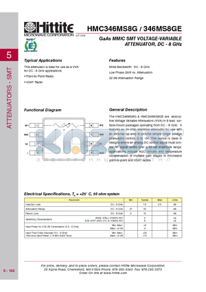 346MS8GE datasheet - GaAs MMIC SMT VOLTAGE-VARIABLE ATTENUATOR, DC - 8 GHz