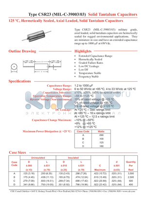 CSR23 datasheet - Solid Tantalum Capacitors 125 C, Hermetically Sealed, Axial Leaded, Solid Tantalum Capacitors