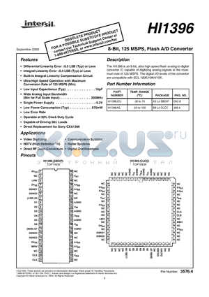 HI1396AIL datasheet - 8-Bit, 125 MSPS, Flash A/D Converter