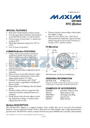 DS9096P datasheet - Real-Time Clock/calendar in binary format RTC iButton Over 10 years of operation