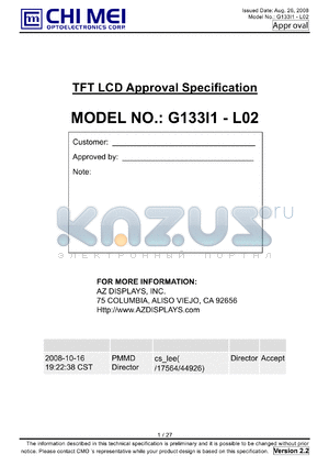G133I1-L02 datasheet - TFT LCD Approval Specification