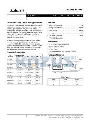 HI2-0200-5 datasheet - Dual/Quad SPST, CMOS Analog Switches