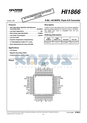 HI1866JCQ datasheet - 6-Bit, 140 MSPS, Flash A/D Converter