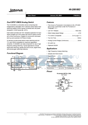 HI2-0200/883 datasheet - Dual SPST CMOS Analog Switch