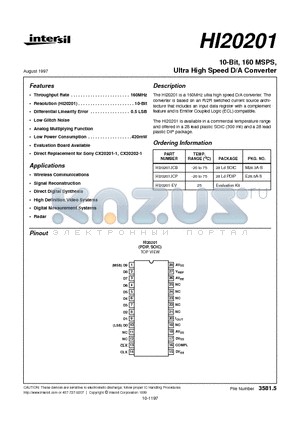 HI20201 datasheet - 10-Bit, 160 MSPS, Ultra High Speed D/A Converter