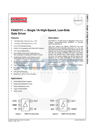 FAN3111 datasheet - Single 1A High-Speed, Low-Side Gate Driver