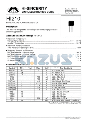 HI210 datasheet - PNP EPITAXIAL PLANAR TRANSISTOR