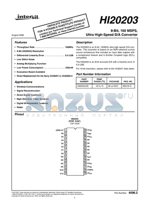 HI20203_00 datasheet - 8-Bit, 160 MSPS, Ultra High-Speed D/A Converter