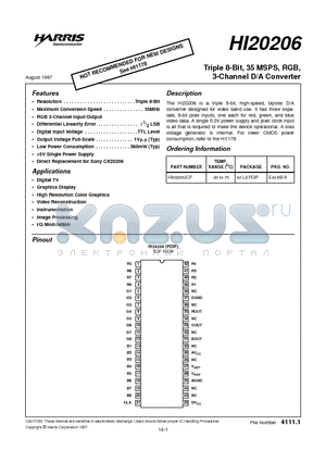 HI20206JCP datasheet - Triple 8-Bit, 35 MSPS, RGB, 3-Channel D/A Converter