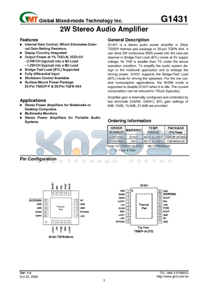 G1431F2U datasheet - 2W Stereo Audio Amplifier