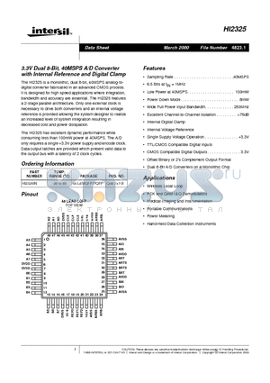 HI2325IN datasheet - 3.3V Dual 8-Bit, 40MSPS A/D Converter with Internal Reference and Digital Clamp