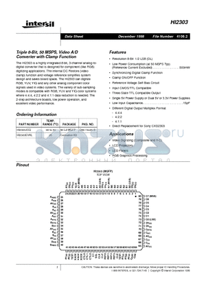 HI2303 datasheet - Triple 8-Bit, 50 MSPS, Video A/D Converter with Clamp Function