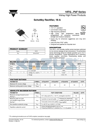 18TQ045PBF datasheet - Schottky Rectifier, 18 A