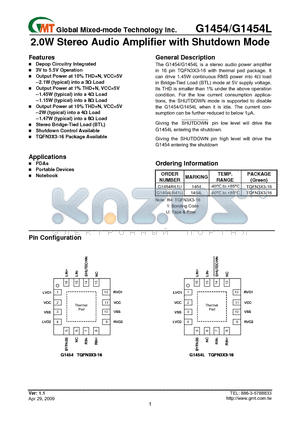 G1454 datasheet - 2.0W Stereo Audio Amplifier with Shutdown Mode