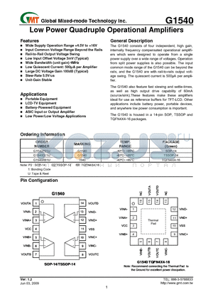 G1540 datasheet - Low Power Quadruple Operational Amplifiers