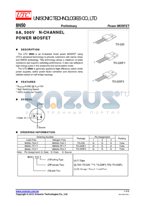 8N50 datasheet - 8A, 500V N-CHANNEL POWER MOSFET