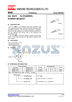 8N40G-TF1-T datasheet - 8A, 400V N-CHANNEL POWER MOSFET