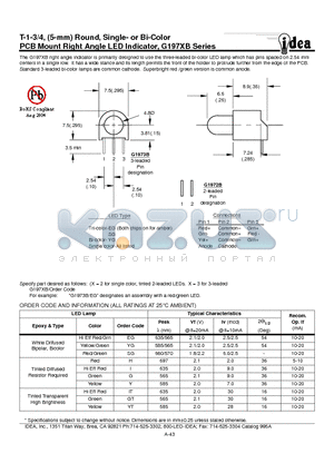 G197XB datasheet - T-1-3/4, (5-mm) Round, Single- or Bi-Color PCB Mount Right Angle LED Indicator