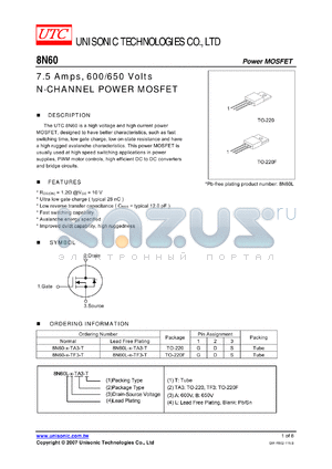 8N60 datasheet - 7.5 Amps, 600/650 Volts N-CHANNEL POWER MOSFET