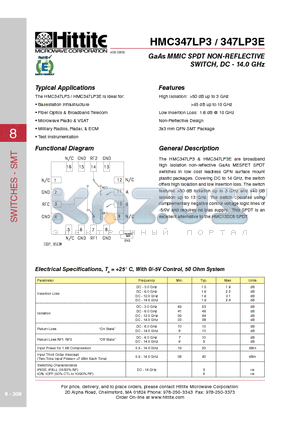 347LP3E datasheet - GaAs MMIC SPDT NON-REFLECTIVE SWITCH, DC - 14.0 GHz