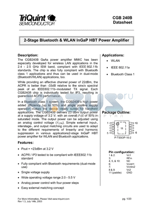 CGB240B datasheet - 2-Stage Bluetooth & WLAN InGaP HBT Power Amplifier